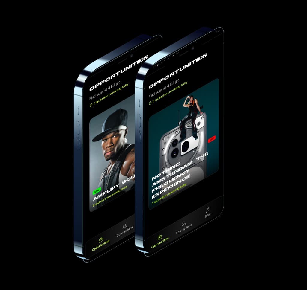 R/HOOD app: Opportunities feed with dual phone mockups, gig cards, and tab navigation.